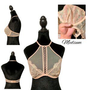{Victoria's Secret} Nude Iridescent Unlined Lace Halter Bralette W/ Collar - M